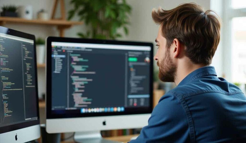 A person with a beard is working on a computer displaying code. A second monitor is also visible, with bookshelves and a plant in the background.