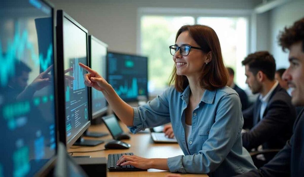 Woman in glasses points at financial data on a computer screen. Several colleagues work at computers in the background.