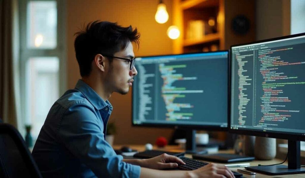 A person wearing glasses works at a desk with two computer monitors displaying code in a dimly lit room.