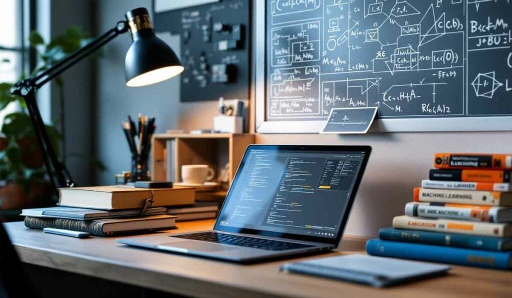 A laptop displaying code sits on a wooden desk filled with books and a desk lamp. A chalkboard with diagrams and equations is in the background.