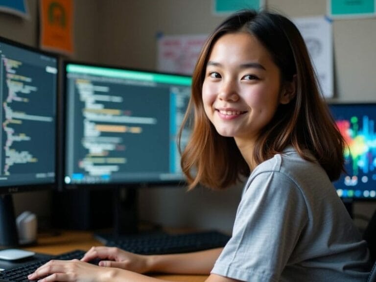 A person sits at a desk with two computer monitors displaying code, smiling at the camera.