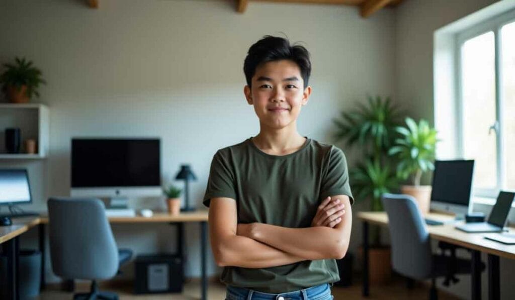 A young person stands confidently with crossed arms in a modern home office, featuring computers, chairs, and plants.