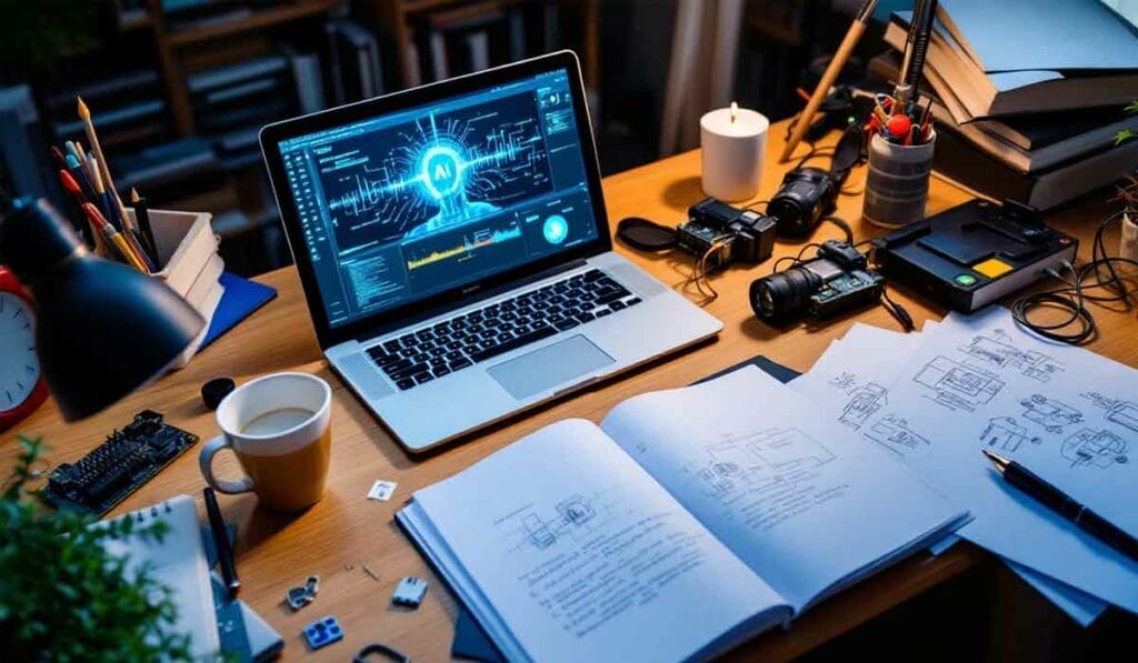 A cluttered desk with a laptop displaying technical data, surrounded by books, a camera, a candle, a coffee cup, and electronic components.