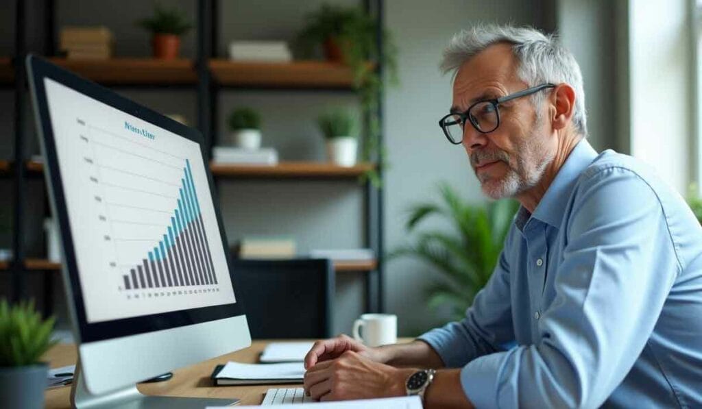 Man in glasses looks at a computer monitor displaying a bar graph in an office setting.