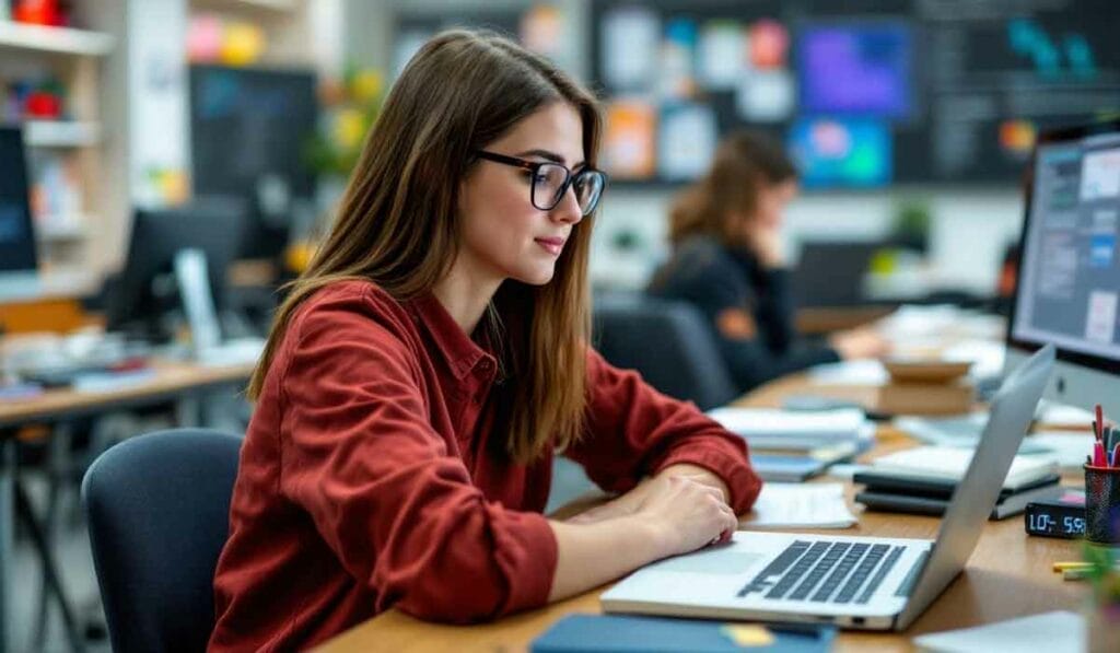 A person wearing glasses works on a laptop at a desk in an office, with books and papers around. Another person is visible in the background.