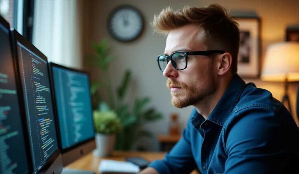 A person with glasses looks at computer screens displaying code in a home office with a clock and plants in the background.