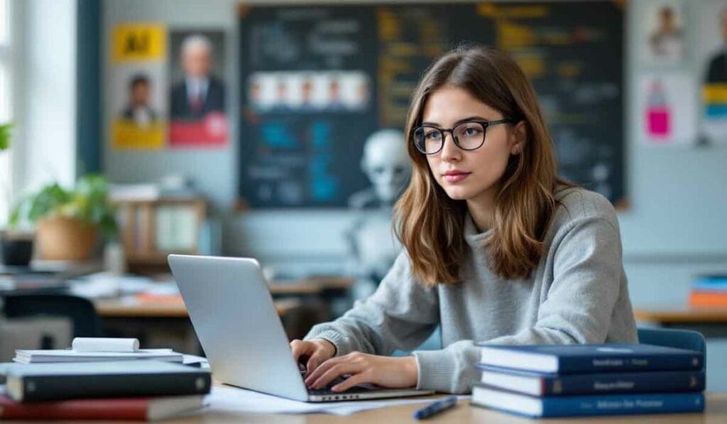 A woman sits at a desk working on a laptop in a classroom. She wears glasses and is surrounded by books. A blackboard with writing is in the background.