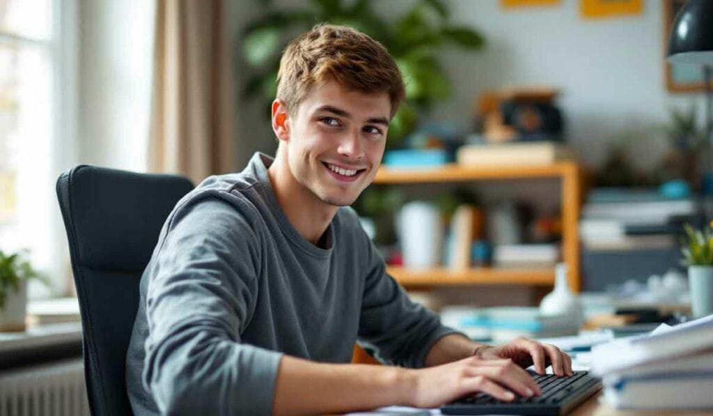 A person sits at a desk typing on a keyboard, smiling. The room has a large plant, shelves, and a window in the background.