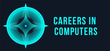 Blue geometric design with the text "Careers in Computers" on a dark background.