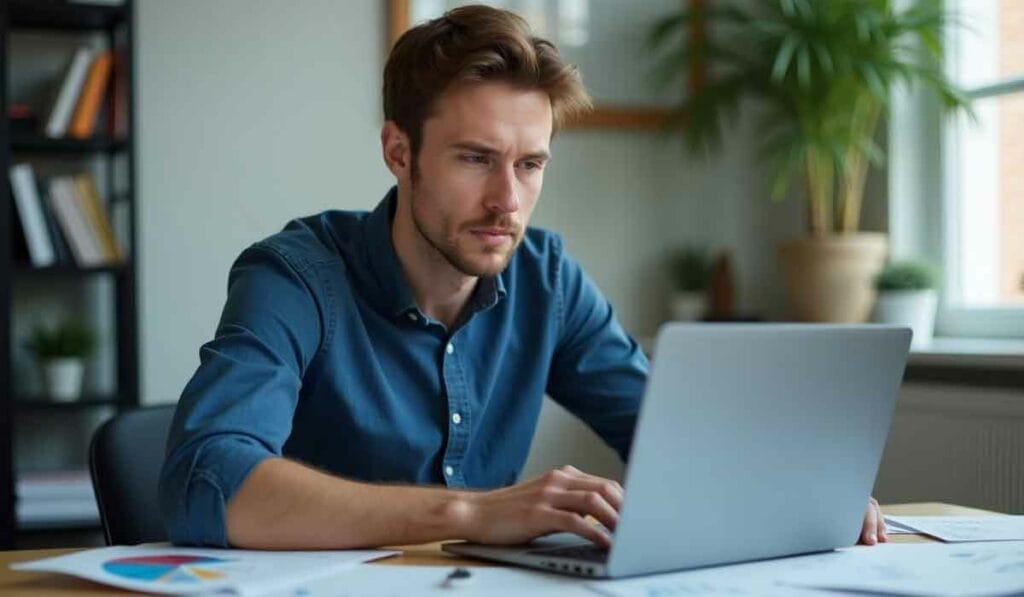 A person in a blue shirt sits at a desk, focused on working on a laptop, with documents and charts nearby. A plant is in the background.