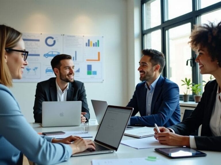 Four Machine Learning Engineers in a meeting room are having a discussion while using laptops. Charts are displayed on the wall behind them.