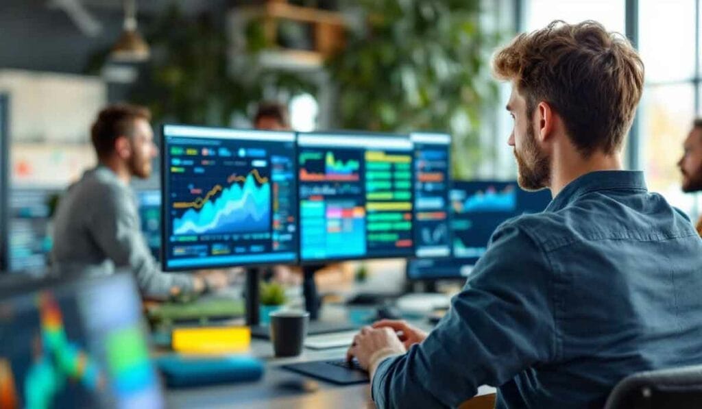 Person at a desk analyzing financial graphs on computer screens in a modern office environment.