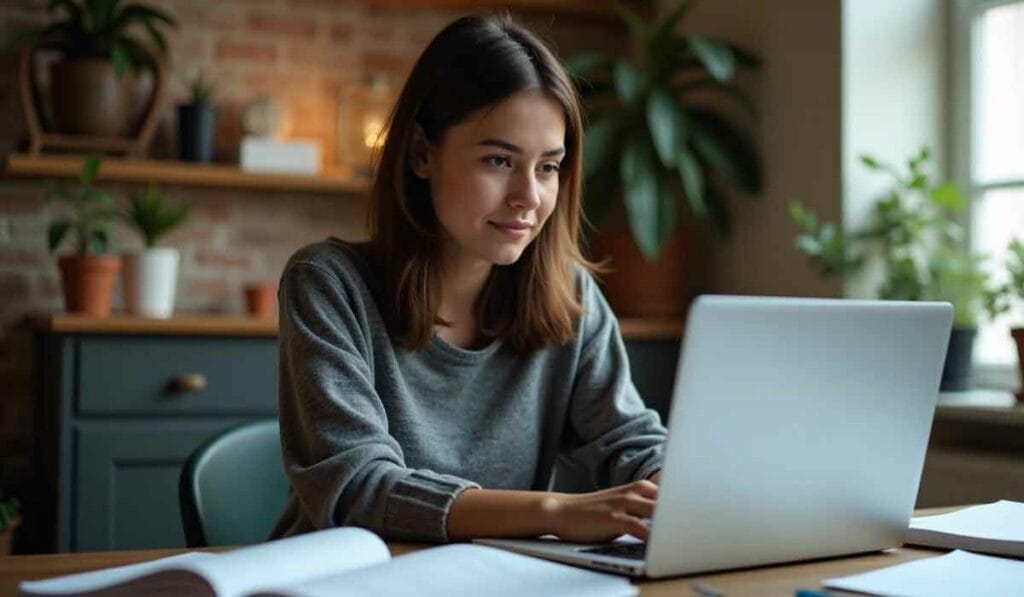 A woman is seated at a desk, using a laptop. The room is decorated with plants and shelves.