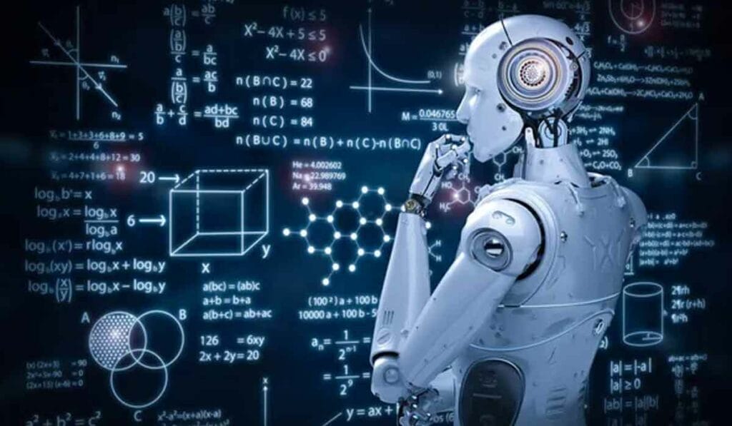 A humanoid robot analyzing complex mathematical formulas and diagrams on a digital screen.