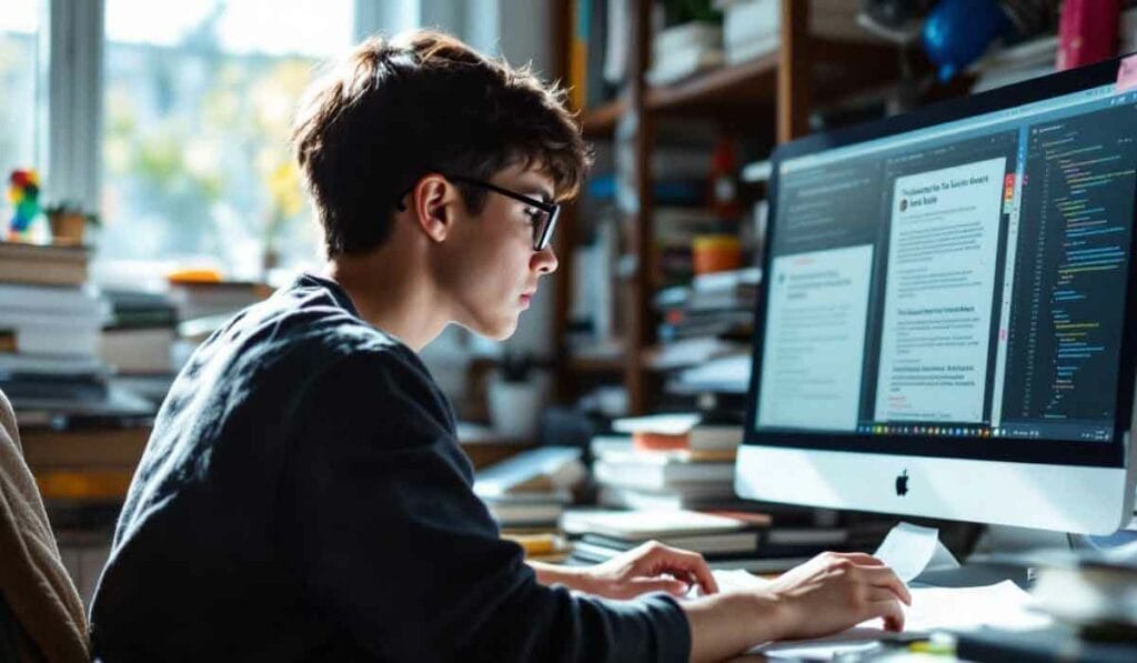 A person wearing glasses works on a computer with code and documents on the screen, surrounded by books and stationery in a well-lit room.