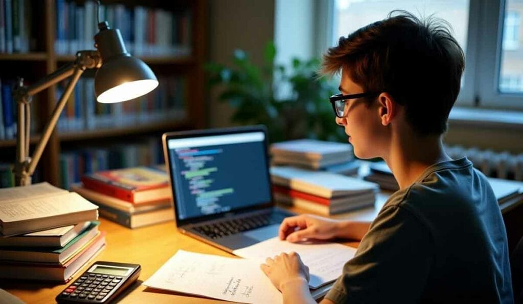 A person wearing glasses studies at a desk with a laptop displaying code, surrounded by books and a calculator, under a desk lamp.