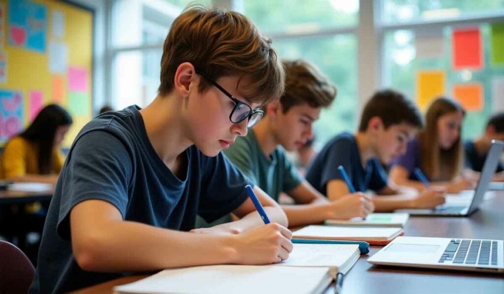 Students focus on writing at their desks in a classroom.