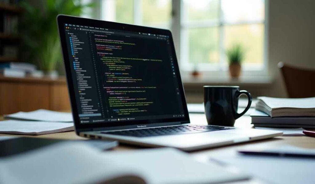 Open laptop displaying code on a desk with a coffee mug, books, and papers; indoor setting with blurred window and plants in the background.