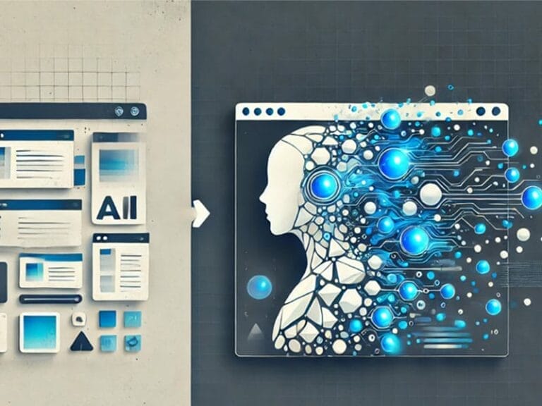 Illustration of AI transformation; digital documents on the left morph into a human profile with circuits and blue nodes on the right, symbolizing artificial intelligence integration.