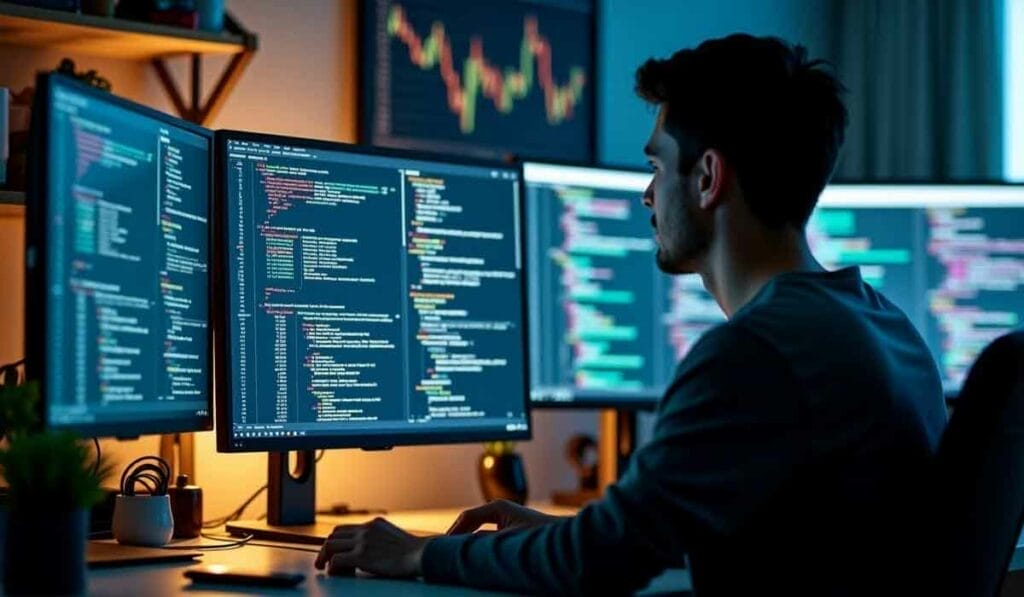 A person at a desk works on multiple computer monitors displaying code and data charts in a dimly lit room.