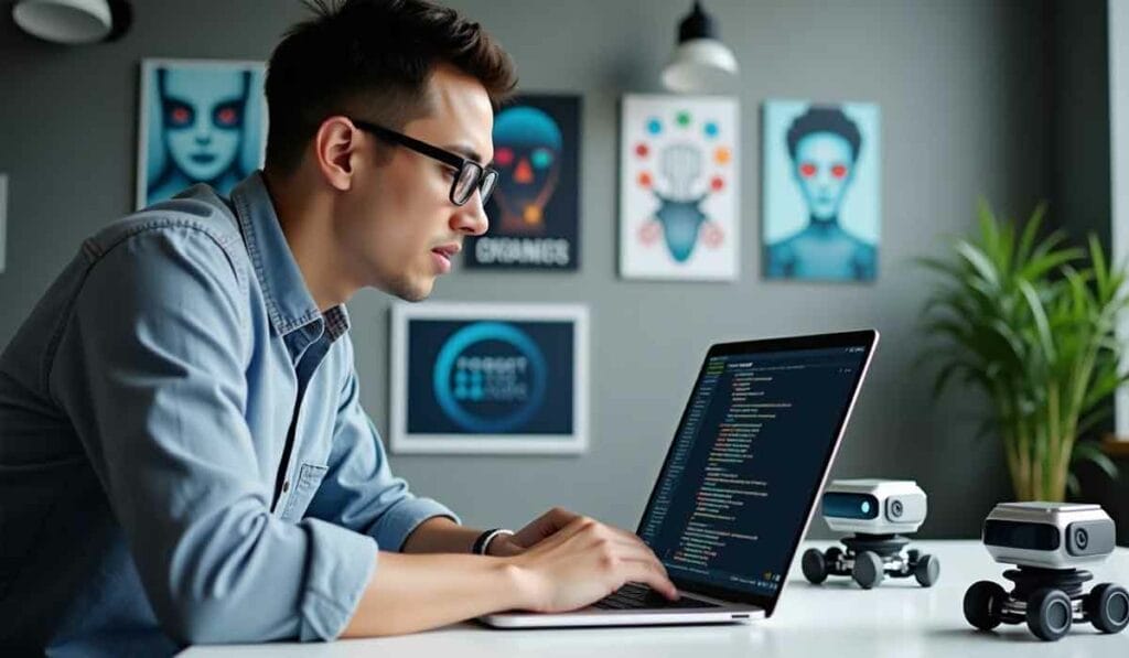 A person works on a laptop displaying code at a white desk with small robots. The background features framed prints and a potted plant.