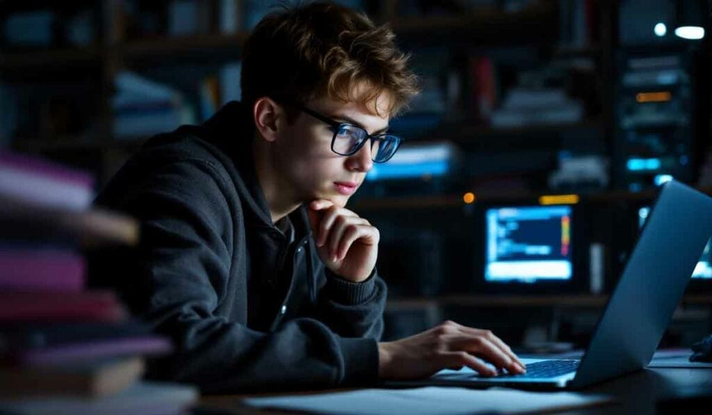 A person wearing glasses works intently on a laptop in a dimly lit room with several computer screens in the background.